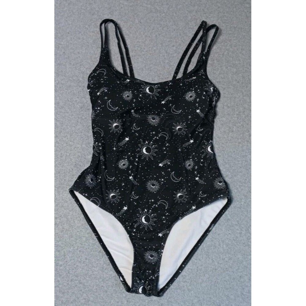 Celestial One Piece Swimsuit S Black Sun Moon Stars Multi Strap Padded Astrology